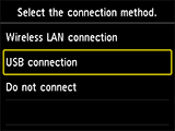 Tela Selecionar método de conexão: Selecionar conexão USB